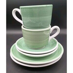 Caleca Italian Pottery Tea For Two Brush Green Mug Saucer Luncheon Plate